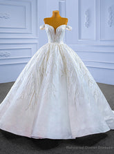 White Satin Off the Shoulder Sequins Appliques Wedding Dress